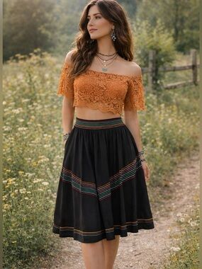 Vintage Handmade Black Rainbow Detail Elastic Waist Flare Mini Skirt XS
